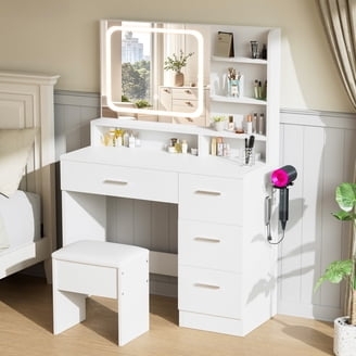 Cream Makeup Vanity Set, Cabriole Legs, Tri-Fold Mirror, Crystal Tufting.