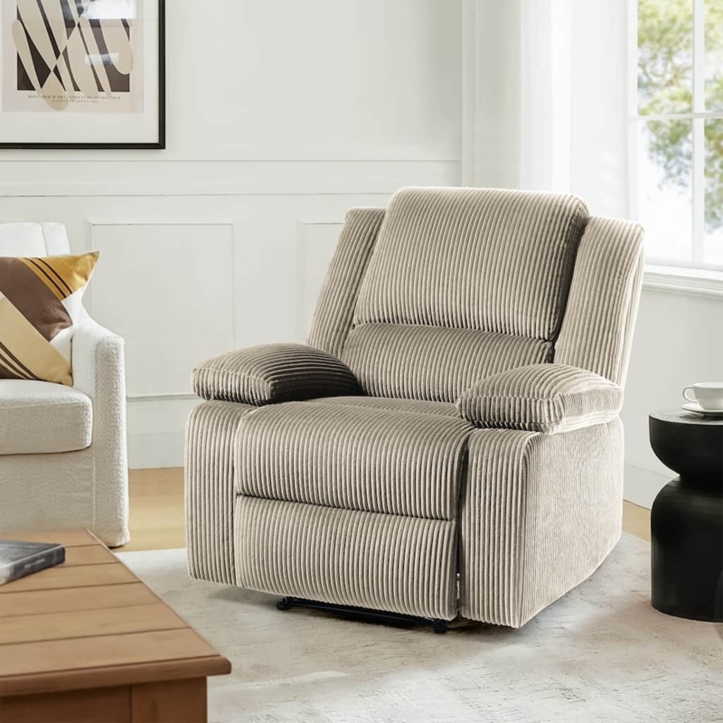 Cream Manual Recliner with Ribbed Texture Fabric and Track Arms