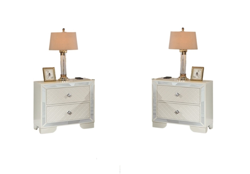 Cream Nightstand with Mirrored Drawer Fronts and Carved Pilasters