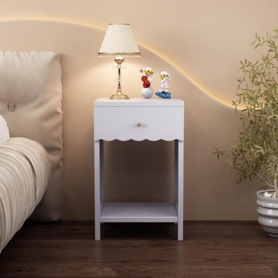 Cream Nightstand with Scalloped Edges and Open Shelf Storage