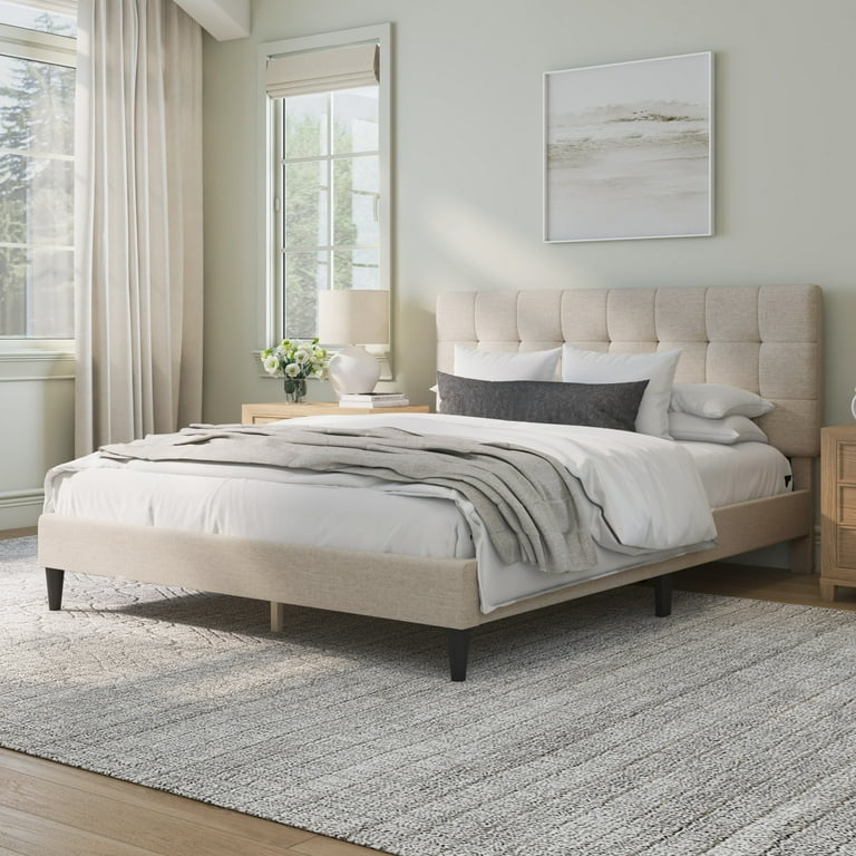 Cream Platform Bed with Square Tufted Headboard and Minimalist Design