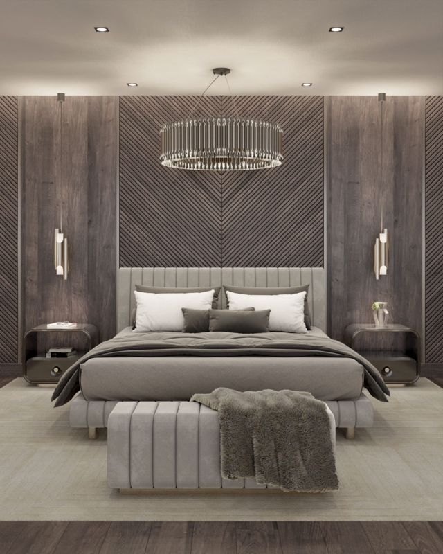 Cream Platform Bed With Tufted Headboard And Slat Ceiling