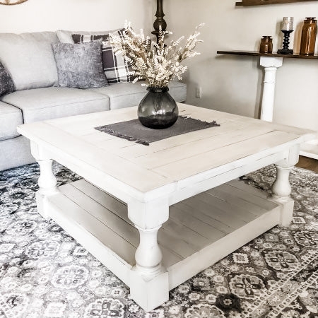 Cream Square Coffee Table with Chipped Finish and Baluster Legs