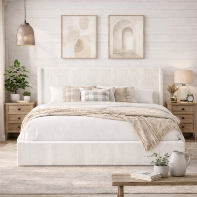Cream Storage Bed with Hydraulic Lift & Channeled Wingback