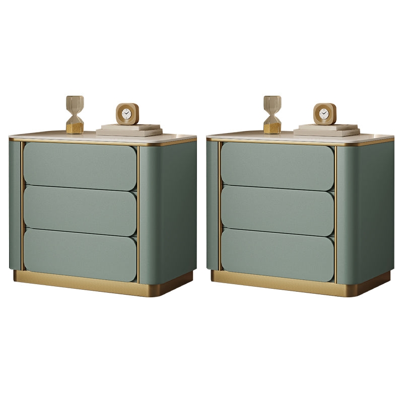 Cream Upholstered Nightstand with Stone-Like Top and Gold Legs