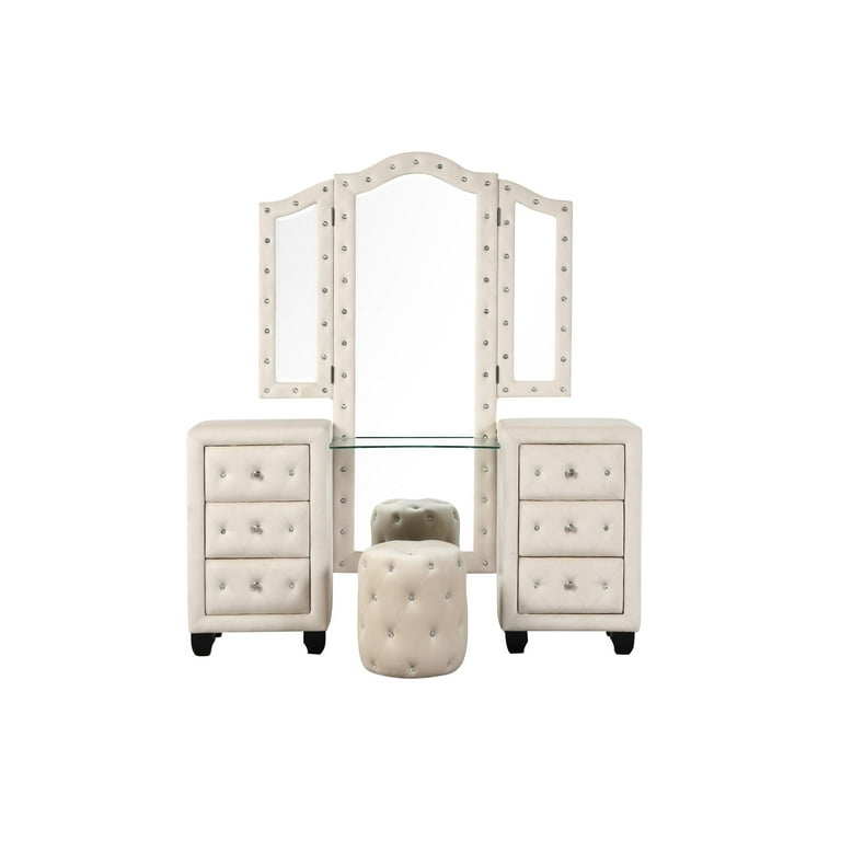 Cream Vanity Set, Crystal Tufted Drawers, Large Rectangular Mirror, 6 Drawers.