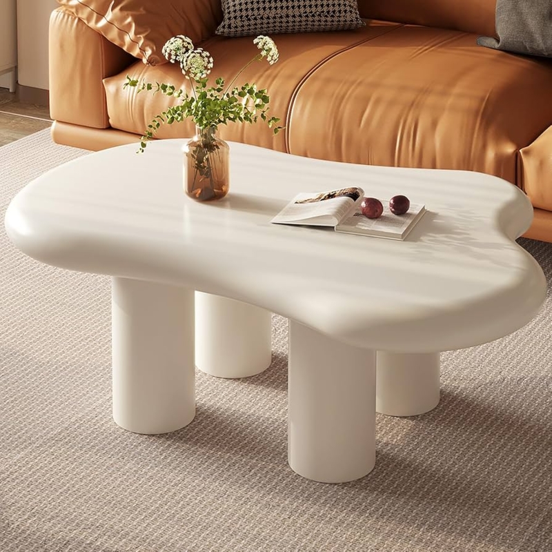 Creamy White Cloud Coffee Table with Chunky Drum Legs, Minimalist Design
