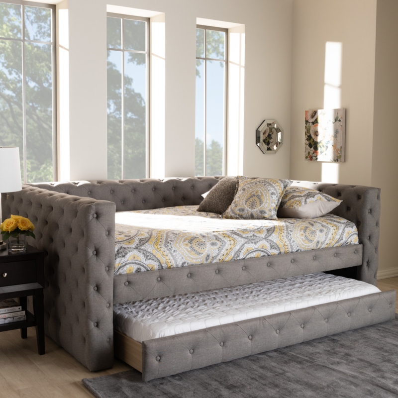 Curved Arm Grey Daybed with Button Tufting and Trundle
