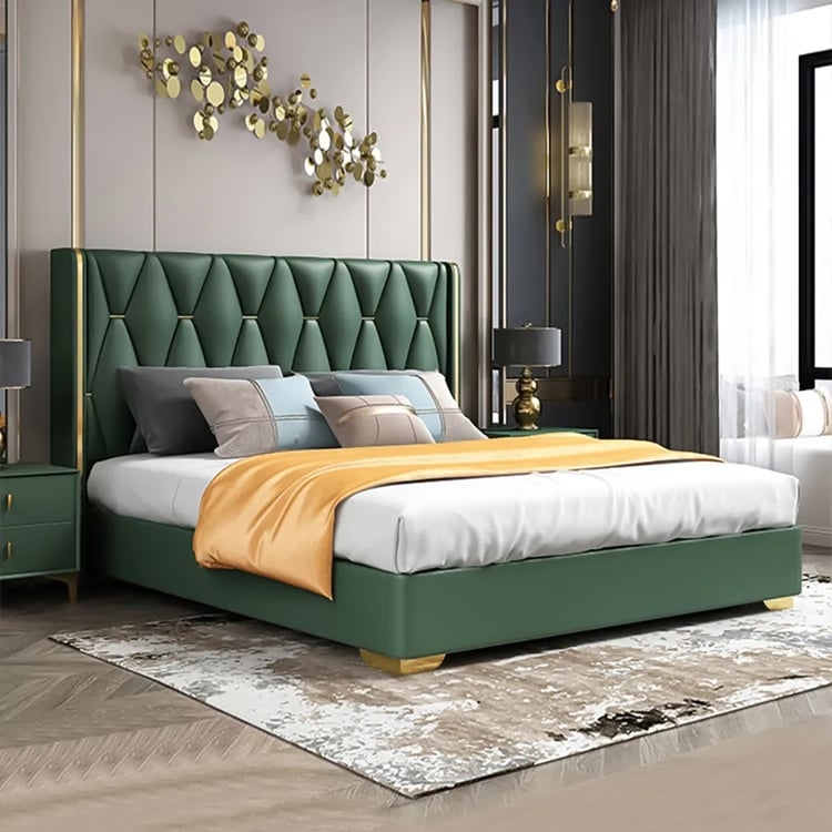 Curved Winged Headboard Forest Green Velvet Platform Bed