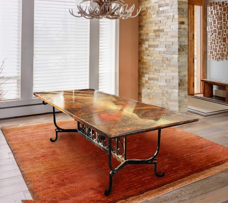 Custom Hammered Copper Dining Table With Lyre Iron Base - Our Stuff