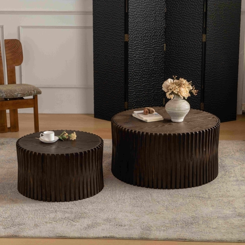 Cylindrical Nesting Coffee Tables, Dark Brown Ribbed Texture Embossing