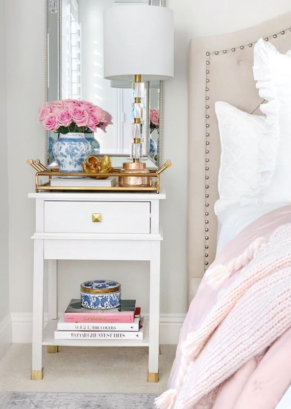 Cylindrical Nightstand in White with Fluted Texture and Gold Legs