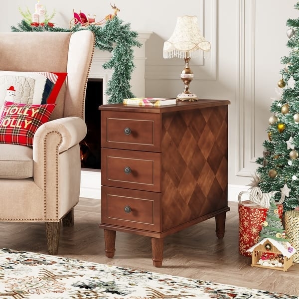 Dark Brown End Table Round Knobs Three Drawers Narrow Design Wood Grain