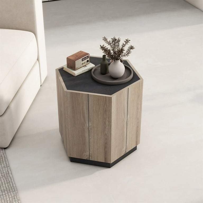 Dark Brown Hexagonal End Table with Drawer and Recessed Handle