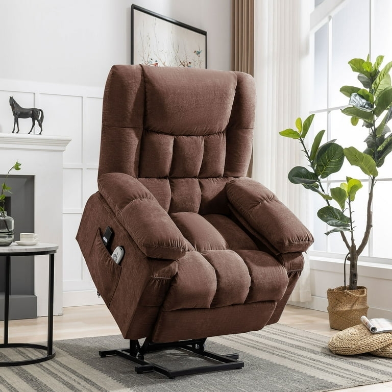 Dark Brown Leather Like Power Recliner Chair Tiered Back Overstuffed