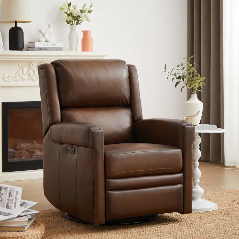 Dark Brown Leather Power Recliner with USB Port and Padded Silhouette