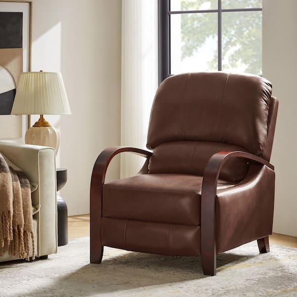 Dark Brown Manual Recliner Wooden Armrests Leather-Like