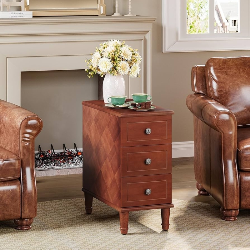 Dark Brown Nightstand Gold Knobs Three Drawers Narrow Width