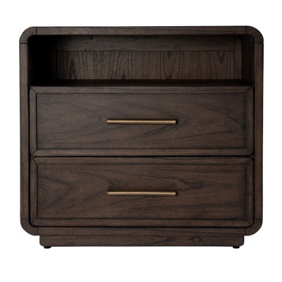 Dark Brown Wood Nightstand Two-Drawer with Slim Gold Pulls