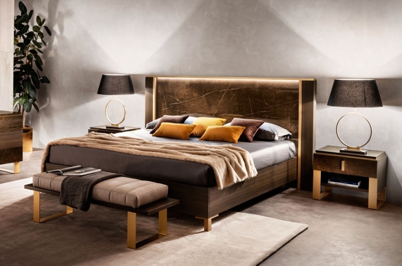Dark Brown Wood Platform Bed with Wide Profile Headboard and LEDs