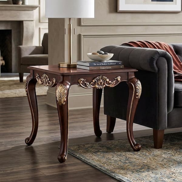 Dark Cherry End Table Carved Apron Cabriole Legs Glossy