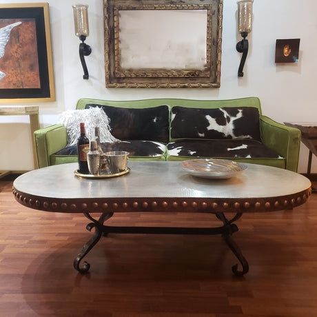 Dark Copper Metallic Coffee Table Oval Shape Slim Iron Base