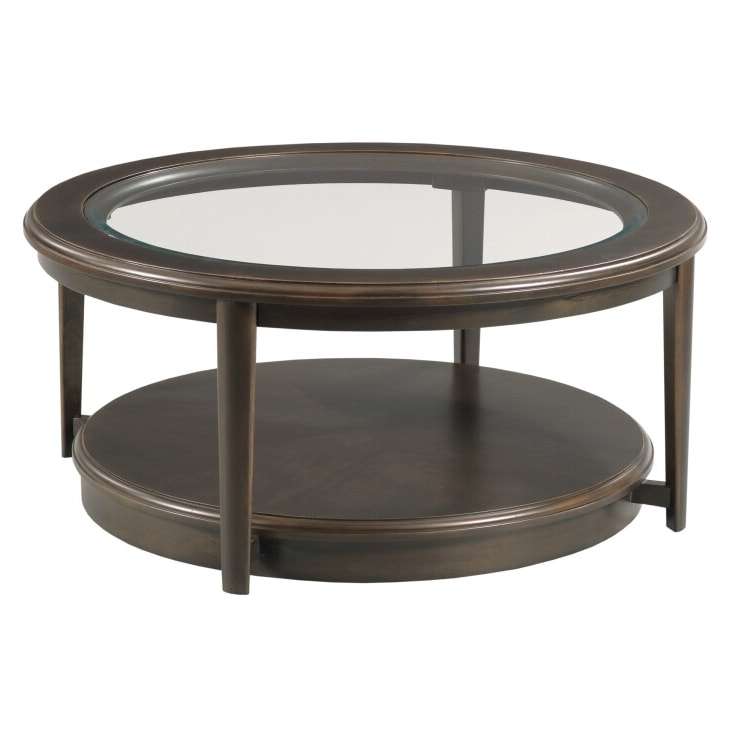 Dark Espresso Round Cocktail Table with Casters, Traditional Wood & Shelf