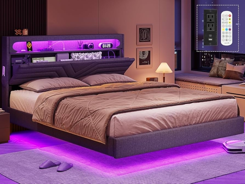 Dark Gray Floating Platform Bed featuring LED Lighting and Storage