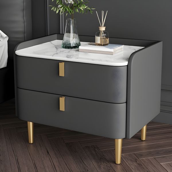 Dark Gray Nightstand with Ribbed Surface and Stone-Like Top
