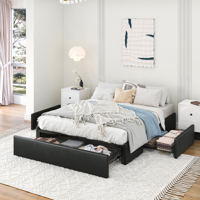 Dark Gray Storage Bed with Vertical Stitching and Side Drawers