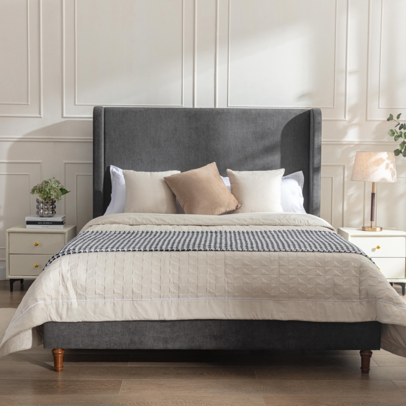 Dark Gray Velvet Upholstered Bed with Tall Vertical Channeling