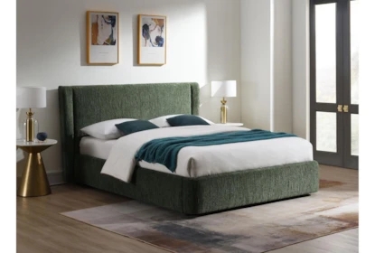 Dark Green Chenille Upholstered Bed with Tapered Wood Legs
