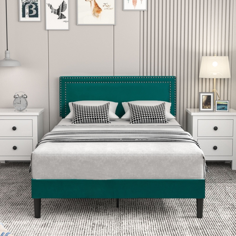 Dark Green Upholstered Platform Bed with Nailhead Trim Headboard