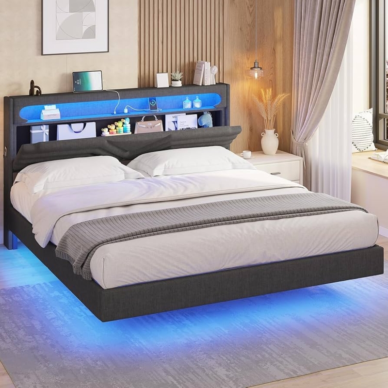 Dark Grey Floating Platform Bed with Blue LED Accents and Charging