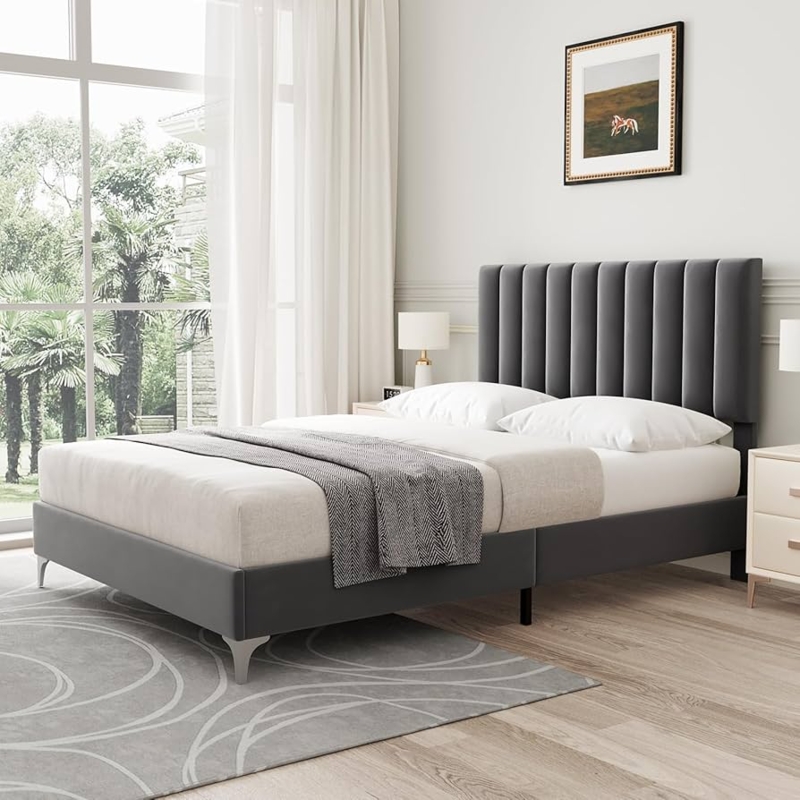Dark Grey Velvet Platform Bed featuring Wingback Tufted Headboard