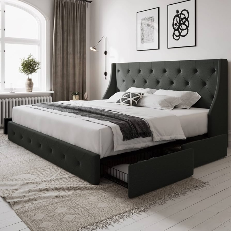 Dark Grey Wingback Bed Frame with Storage and Button Tufting