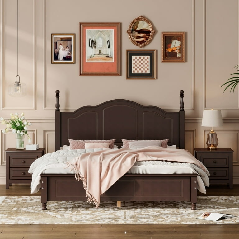Dark Walnut Bedroom Set Retro Slatted Headboard Platform Bed Frame