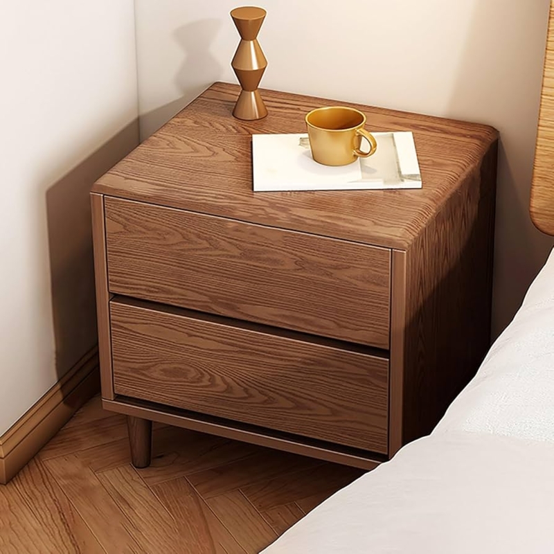 Dark Walnut Bedside Table Styling, Two Drawers, Splayed Tapered Legs