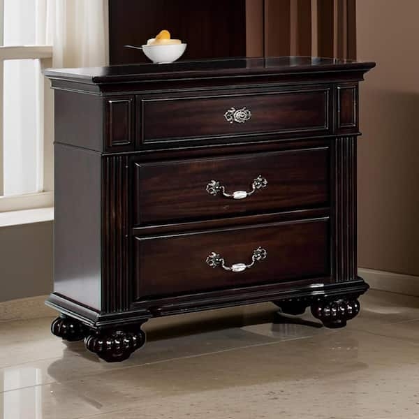 Dark Walnut Nightstand with Bun Feet, Classic Two Drawer Bedside Table