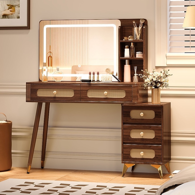 Dark Walnut Rattan Makeup Vanity with LED Mirror