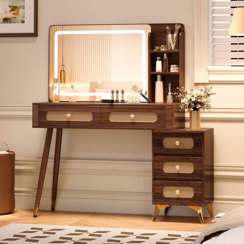 Dark Walnut Vanity Set, Illuminated Round Mirror, 5 Drawers, Storage Shelf.