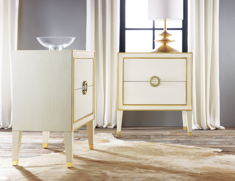 Dark Wood Bedside Chest, Large Circular Brass Pulls, Curved Sides