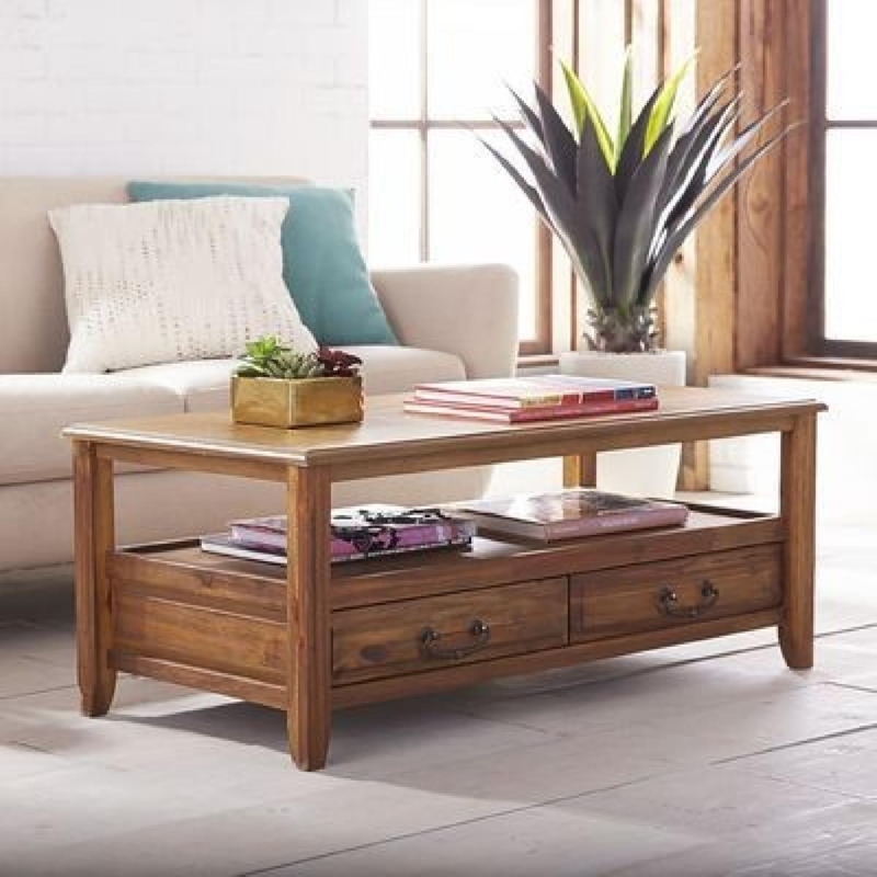 Dark Wood Coffee Table with Drawers, Round Pulls, and Open Shelf