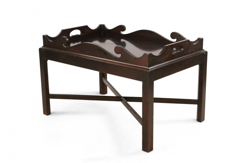 Dark Wood Coffee Table with Slatted Shelf and Rectangular Tray Top