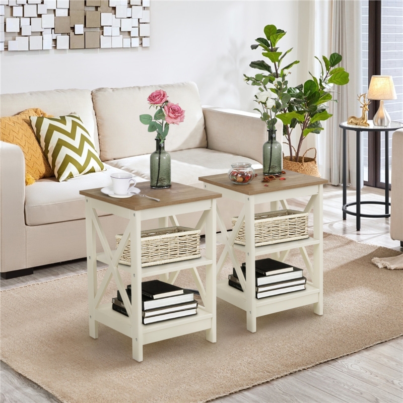 Dark Wood End Tables with Drawers and Open Cubby Storage