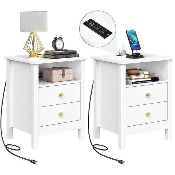 Dark Wood Nightstand Set with Metal Legs and Charging Station