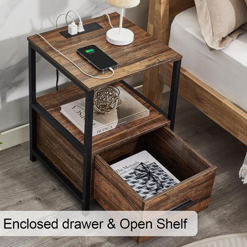 Dark Wood Nightstand with Gold Handle and Industrial Metal Frame