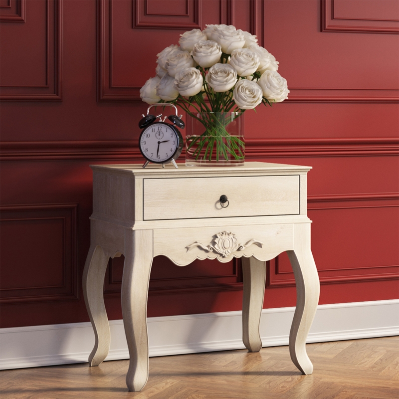 Dark Wood Nightstand with Single Drawer and Ornate Brass Pull