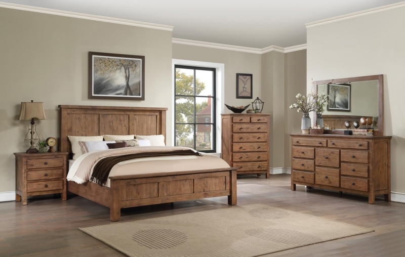 Dark Wood Panel Bed with Chunky Block Feet Contemporary Rustic Style
