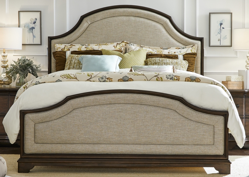Dark Wood Panel Bed with Cream Upholstered Headboard Insert